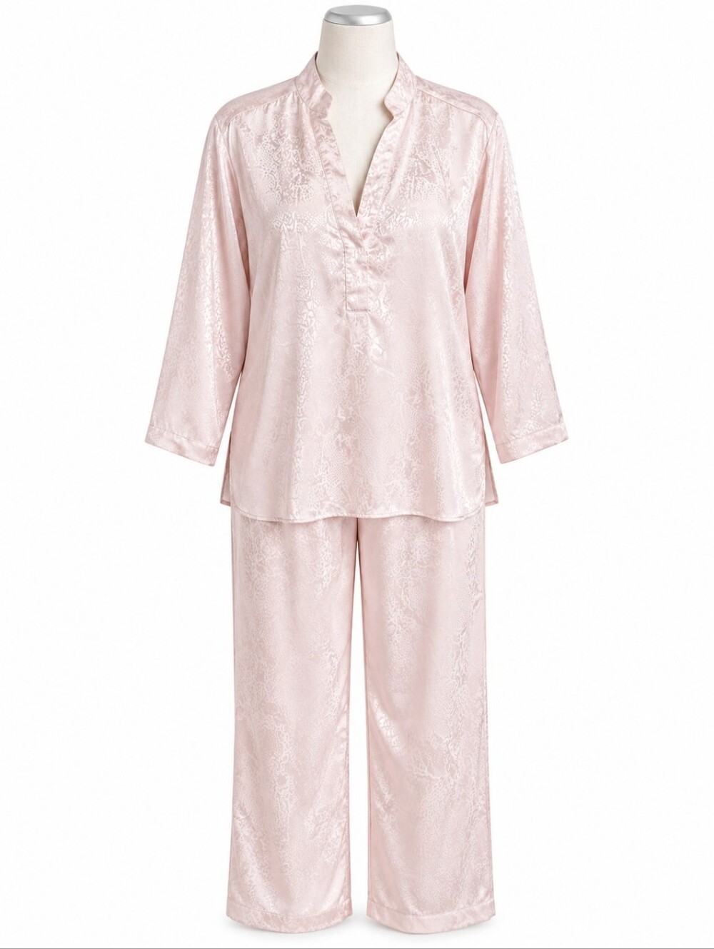 VTG Natori Pajama Set L Pink Satin Jacquard Damask Tunic Wide Leg Pants Lounge
